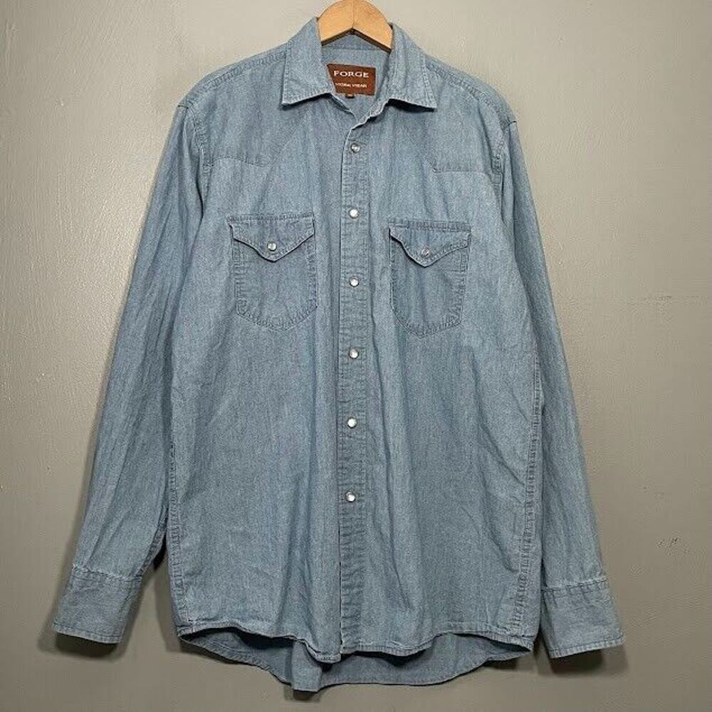 Forge Workwear Denim Shirt Mens Size Medium Blue Jean Western Pearl Snap Trucker